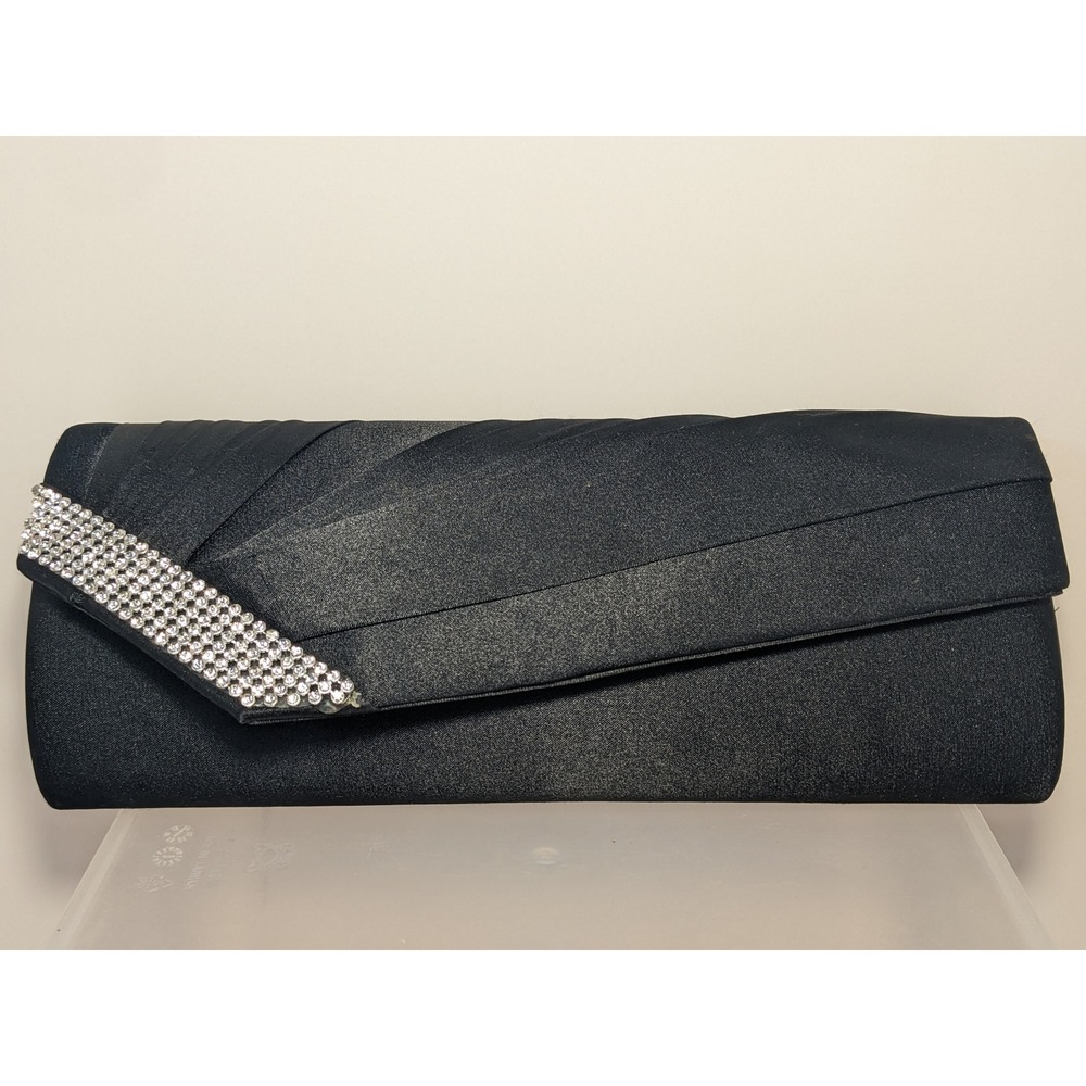 Womens Black Satin Pleated Evening Clutch Bag Rhinestone Accent Formal Wedding
